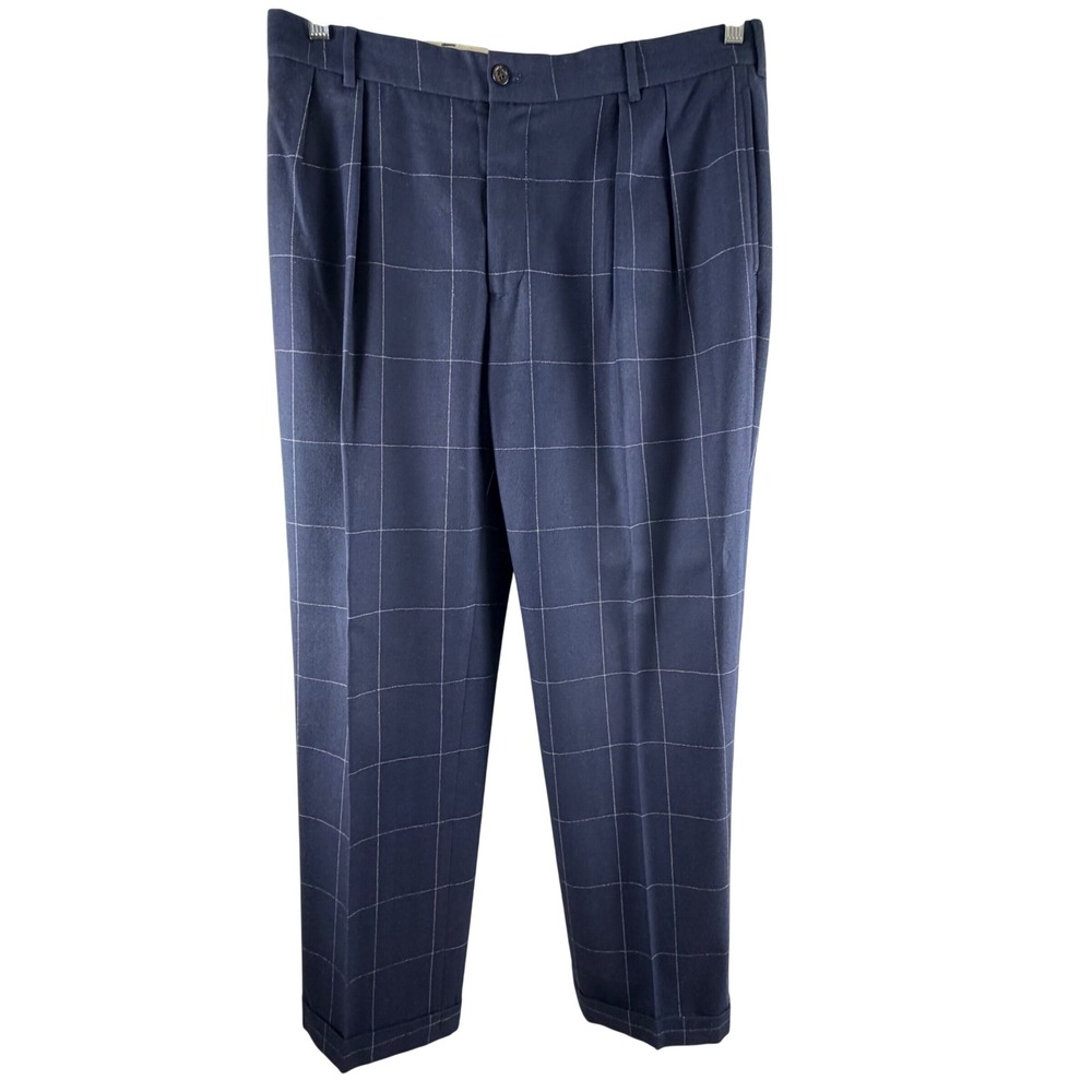 Polo Golf Ralph Lauren VTG Navy Windowpane Pleated Cuffed Trousers Mens Sz 36